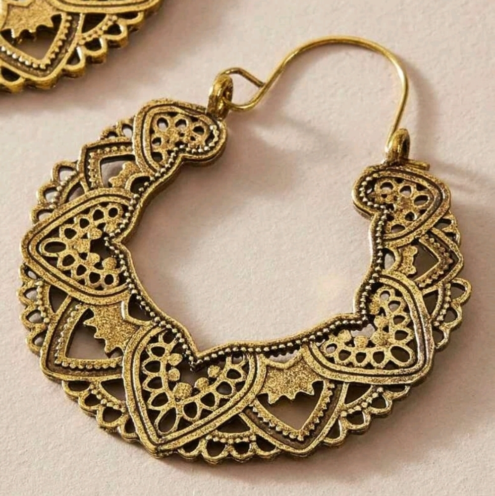💖2/$30 Boho Hoop brass tribal gypsy cut out large Filigree drop earrings - Picture 11 of 16
